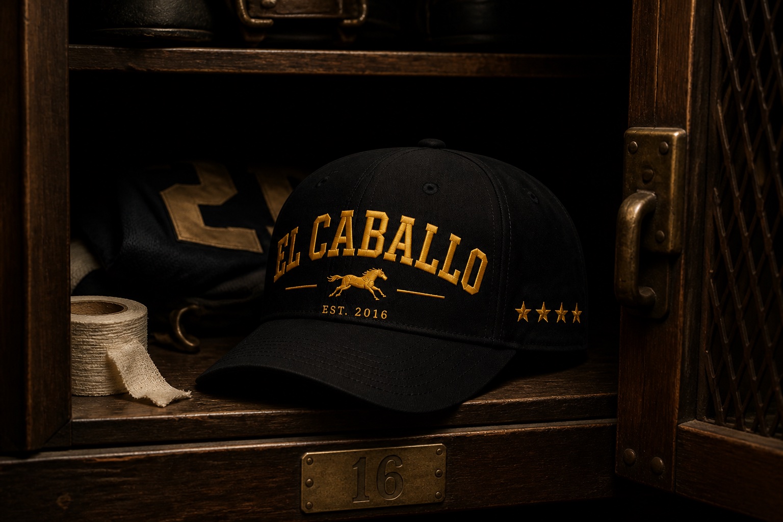 An unreleased black El Caballo league hat hidden inside a football equipment locker