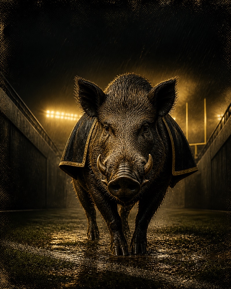 A black-and-gold wild boar illustration entering a football stadium